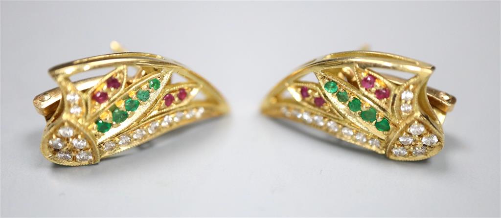 A modern pair of Middle Eastern yellow metal, ruby, emerald and diamond cluster set earrings, 300